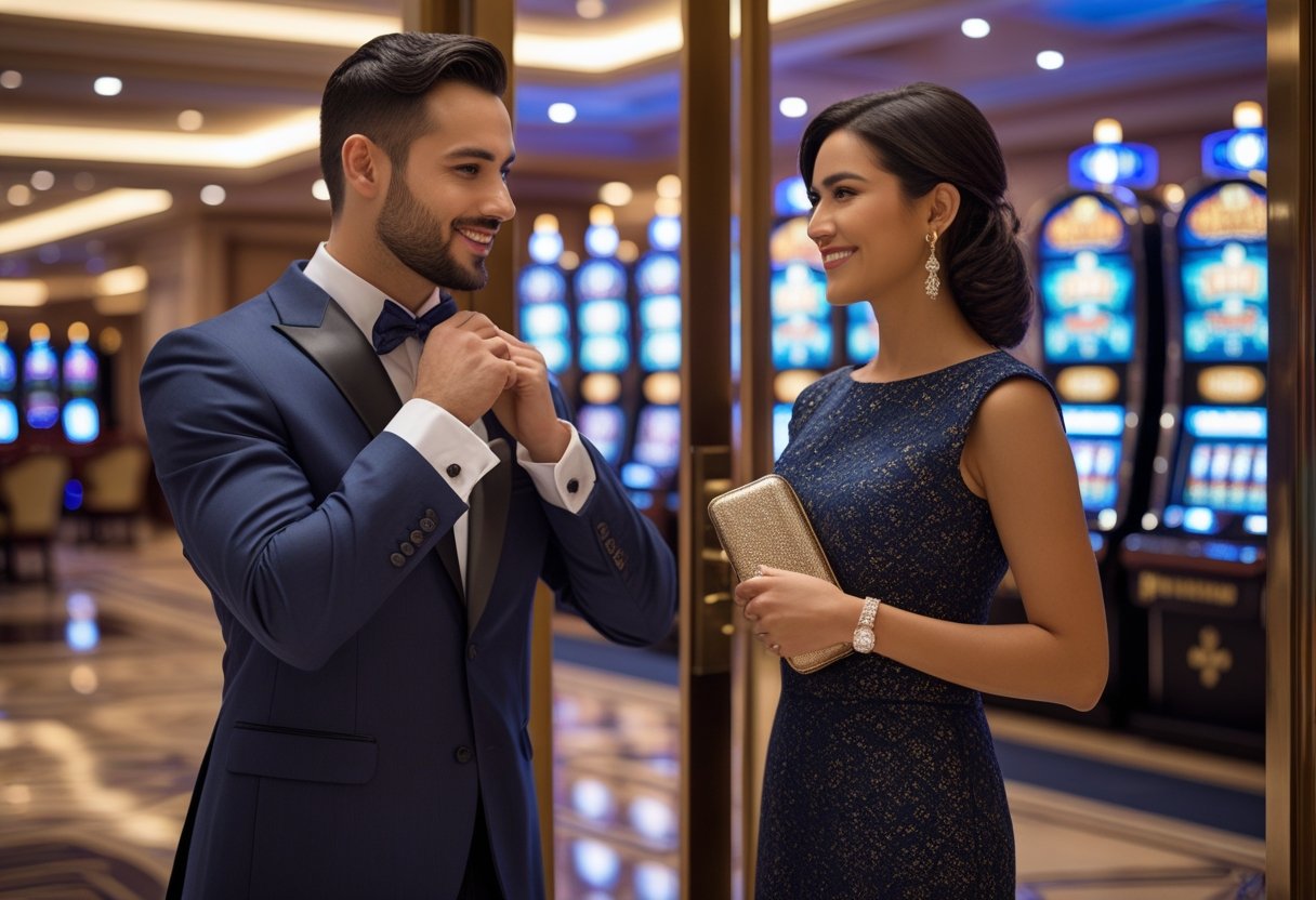 A man and woman dressed elegantly stand at a casino entrance with a doorman holding the door open.