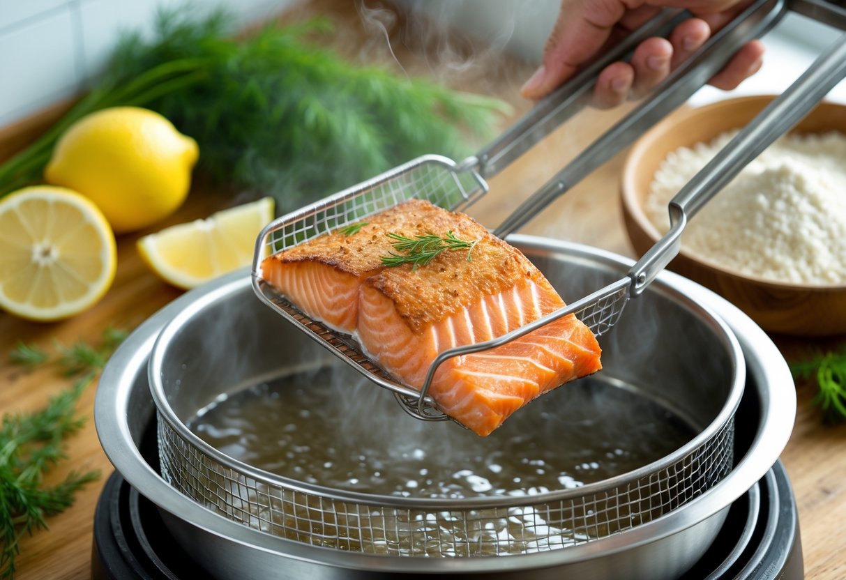 Close-up of a crispy salmon fillet being lifted from a deep fryer in a kitchen with fresh ingredients on the counter.