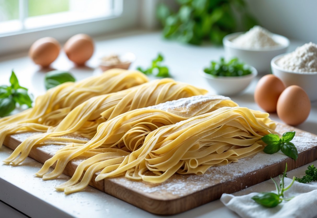 Fresh homemade noodles on a wooden cutting board with eggs, flour, and herbs on a kitchen countertop.