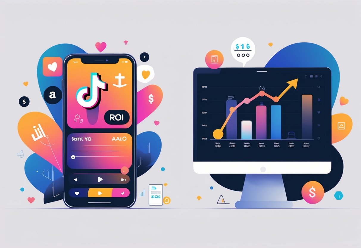 An illustration showing a side-by-side comparison of TikTok Ads and Amazon Ads with icons representing each platform and a central chart comparing their return on investment.