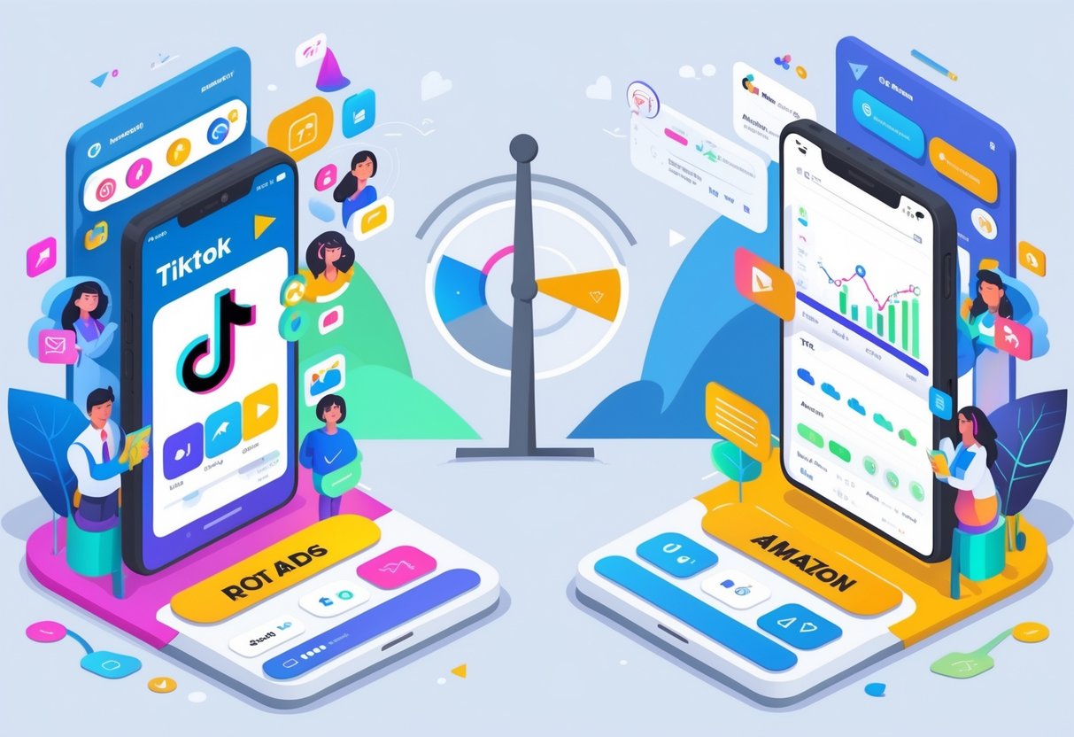 An illustration showing a comparison between TikTok and Amazon advertising, with symbols representing audience engagement on TikTok and e-commerce targeting on Amazon, connected by a visual scale comparing their performance.
