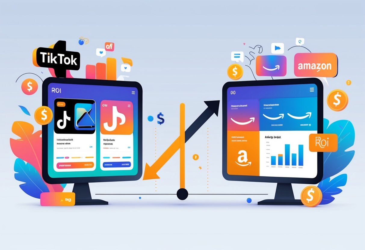 A side-by-side comparison of TikTok and Amazon advertising showing icons representing different ad formats and a central graphic illustrating return on investment.