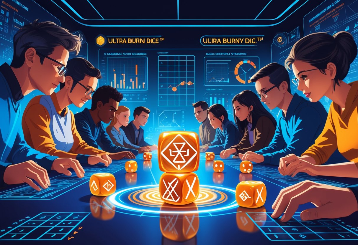 Beberapa orang sedang bermain dan menganalisis strategi permainan dadu di meja dengan dadu bercahaya dan papan strategi di sekitarnya.