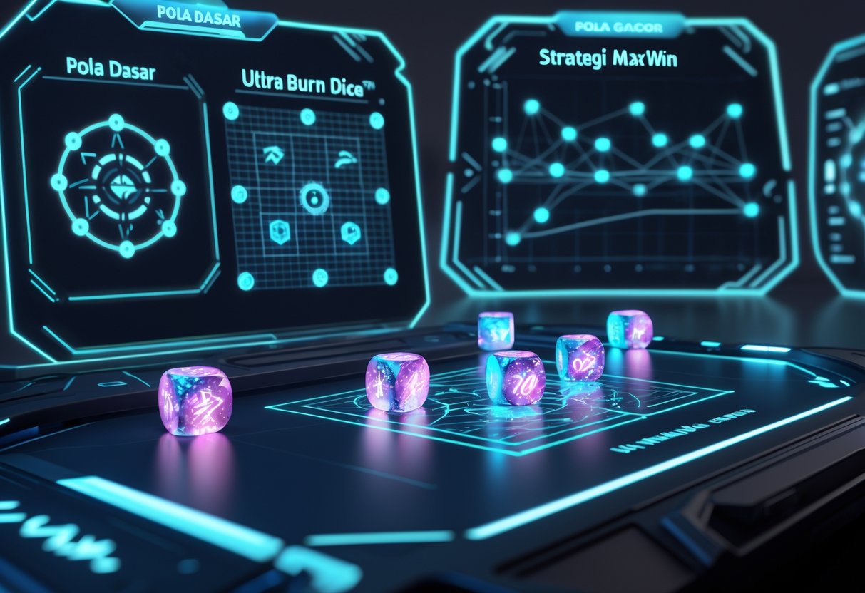 Meja permainan futuristik dengan dadu bercahaya dan grafik holografik yang menunjukkan pola dan strategi permainan.