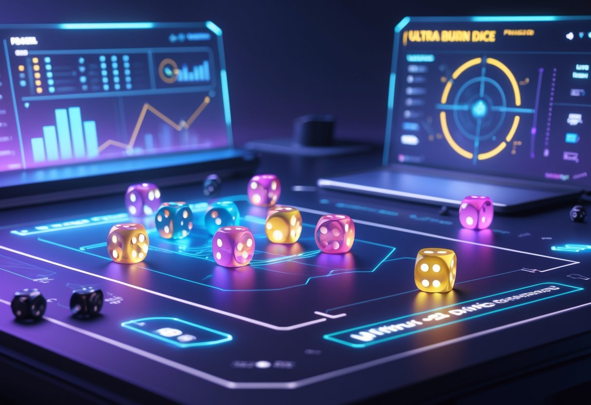 Ilustrasi meja permainan dengan dadu menyala dan grafik strategi di latar belakang, menunjukkan suasana fokus dan analisis dalam permainan dadu.