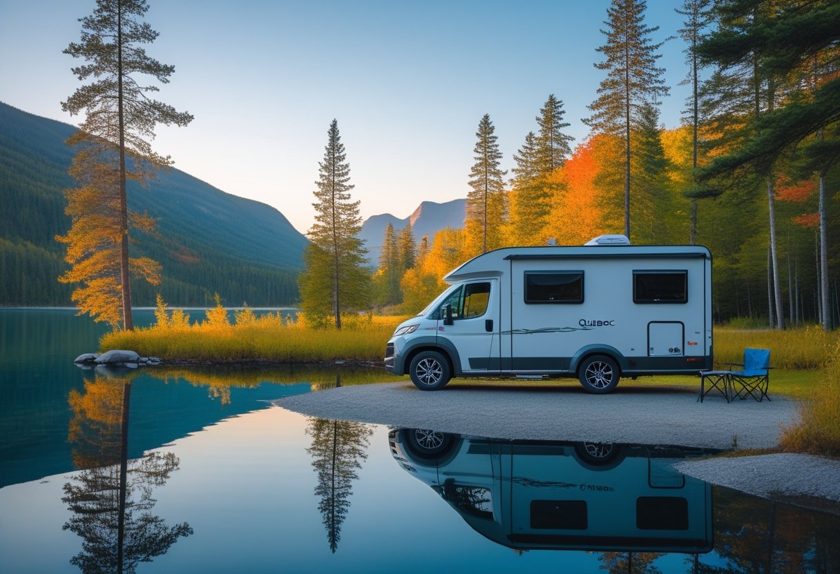 Un camping-car moderne stationné près d'un lac entouré de forêts et de montagnes au Québec.