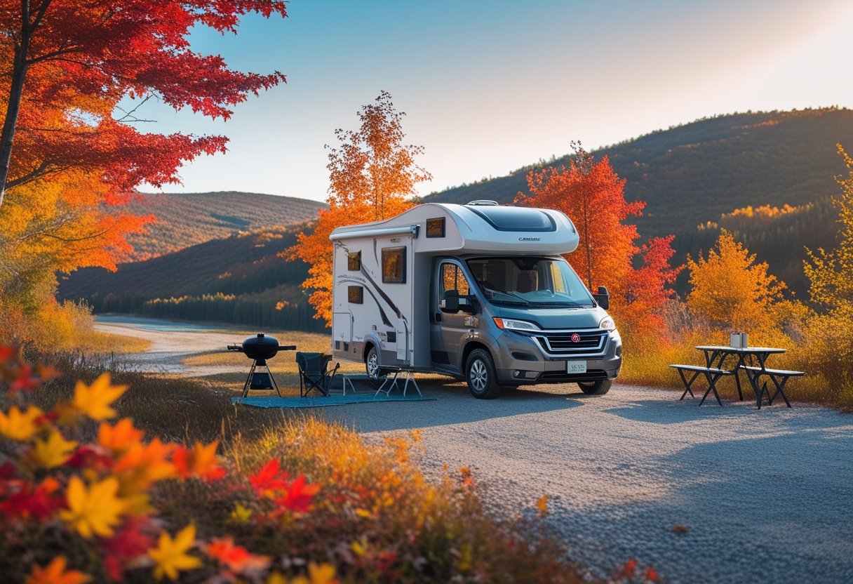 Un camping-car moderne stationné dans un paysage naturel au Québec en automne avec des arbres aux feuilles colorées et une table de pique-nique à côté.