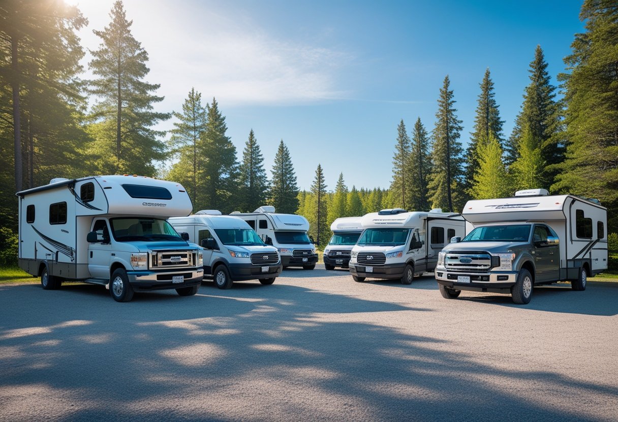 Une rangée de différents types de camping-cars et véhicules récréatifs stationnés dans un cadre naturel avec des arbres verts et un ciel bleu.
