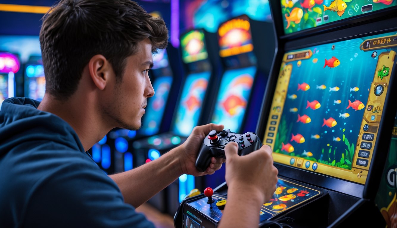 Seorang pria muda fokus bermain permainan tembak ikan di arcade dengan latar belakang mesin permainan dan pencahayaan warna-warni.