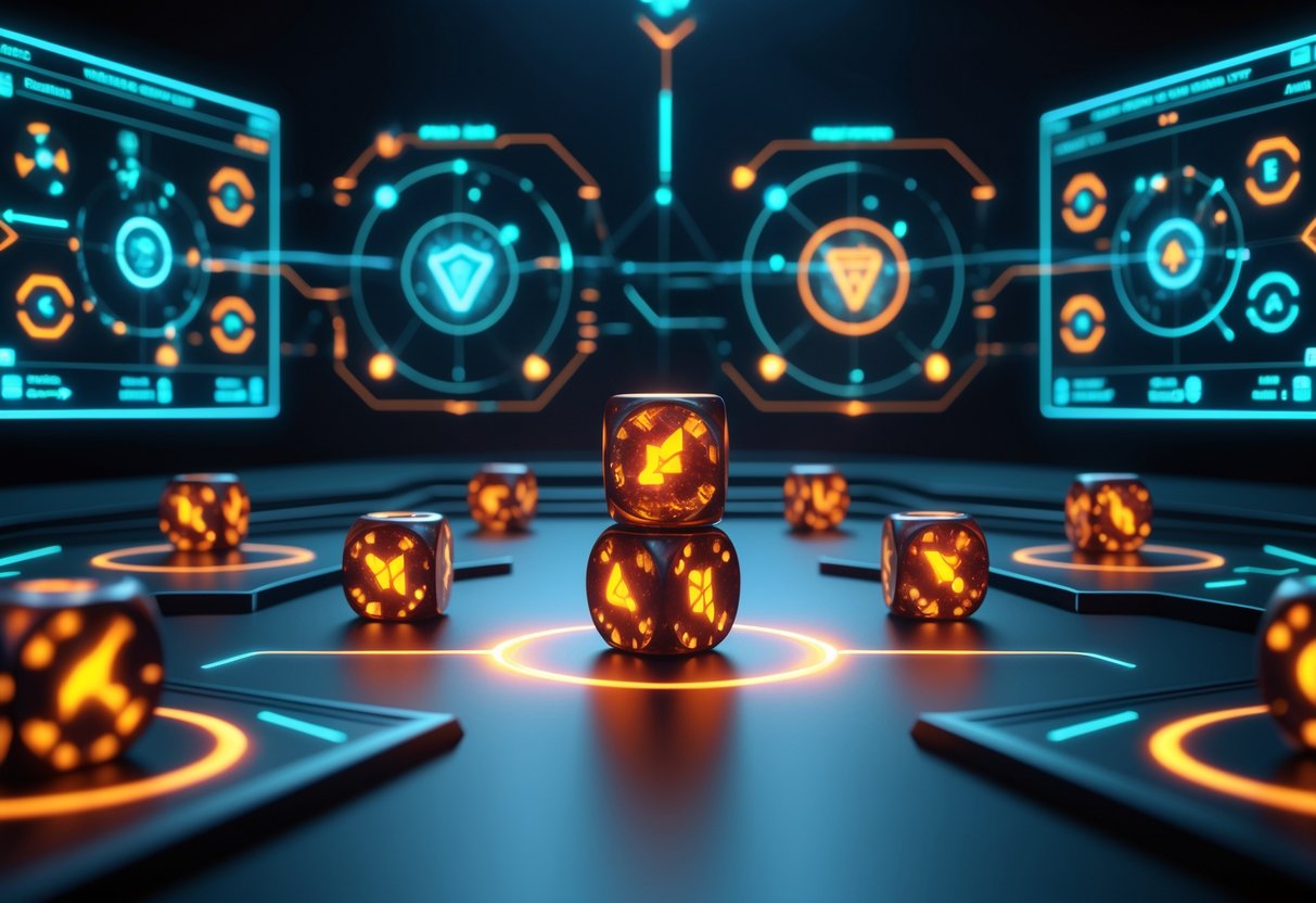 Ilustrasi meja permainan dengan dadu bercahaya dan grafik holografik yang menunjukkan pola dan strategi permainan.