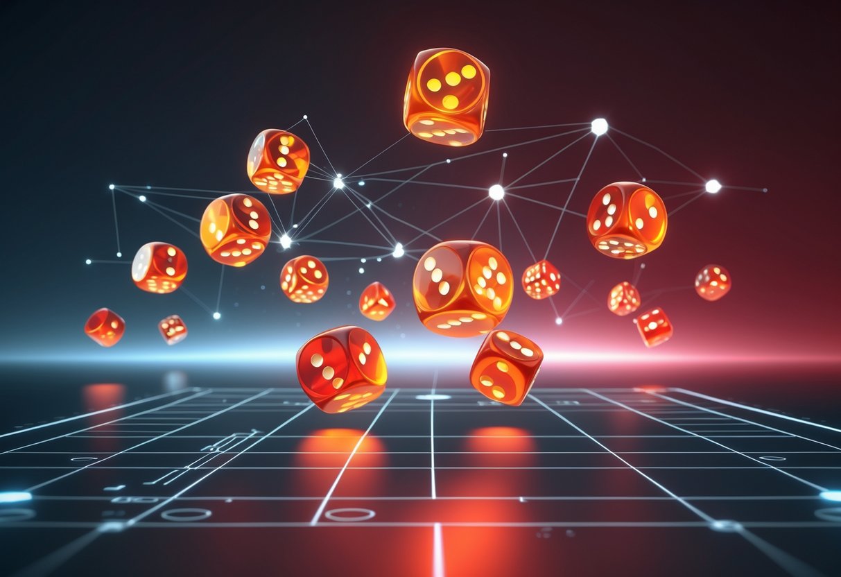 Ilustrasi dadu menyala dan papan permainan futuristik dengan pola abstrak yang melambangkan strategi dan kemenangan.