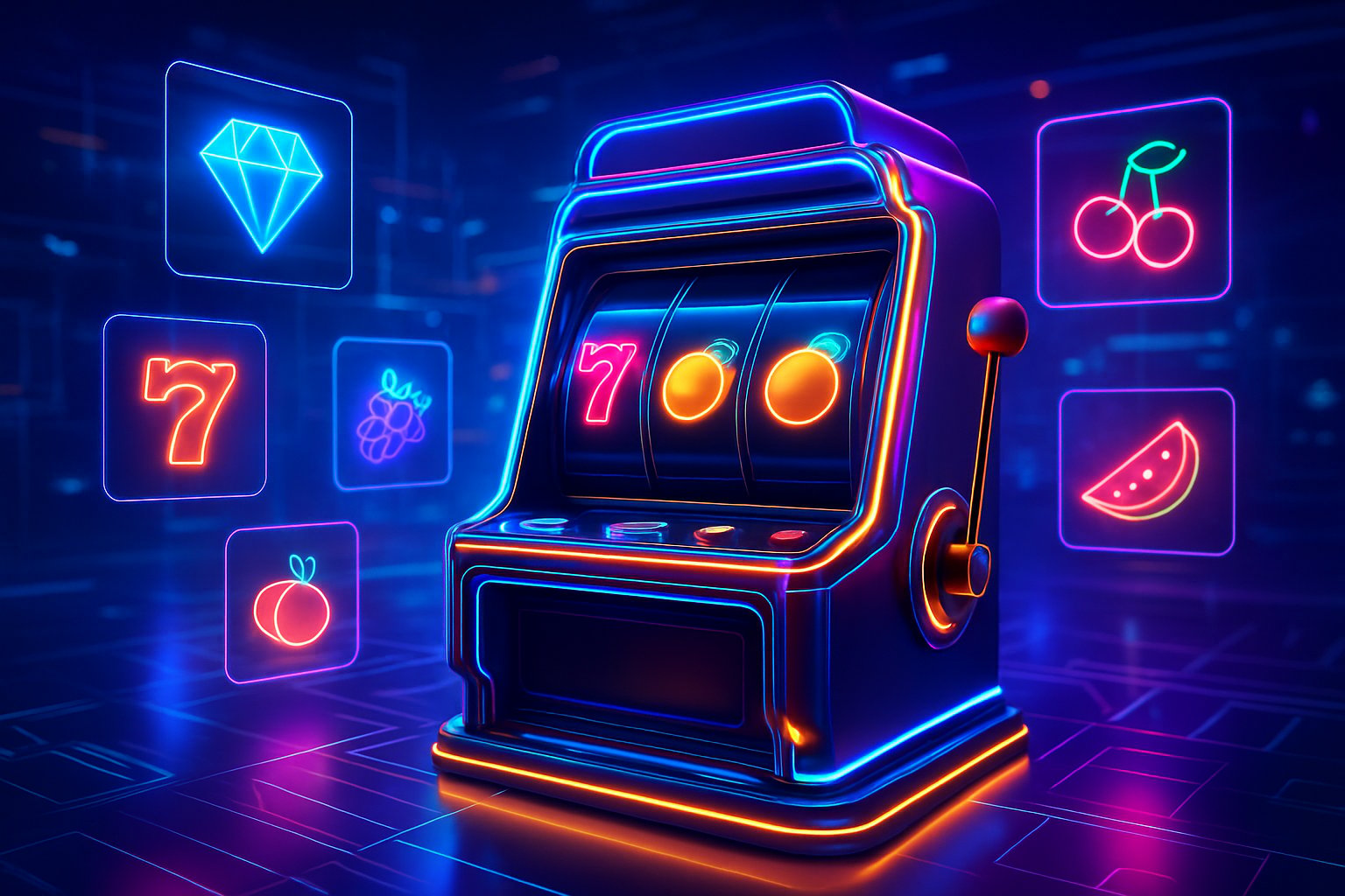 Mesin slot digital futuristik dengan lampu neon dan simbol slot mengambang di lingkungan kasino modern.