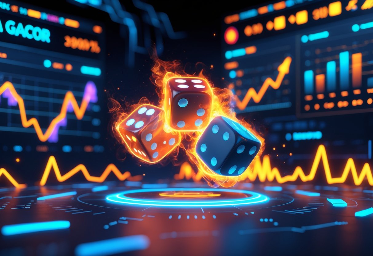 Dashboard data hidup dengan grafik dan dadu berapi yang menunjukkan aktivitas dan pola terkini dalam permainan.