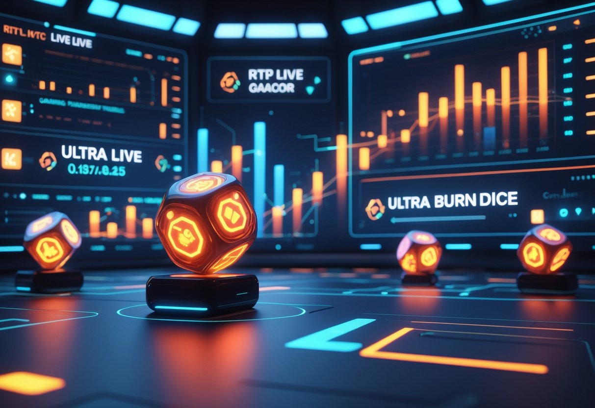 Ilustrasi layar antarmuka permainan dengan grafik persentase dan pola warna-warni, menampilkan dadu bergaya futuristik dengan efek api dan latar belakang ruangan berteknologi tinggi.