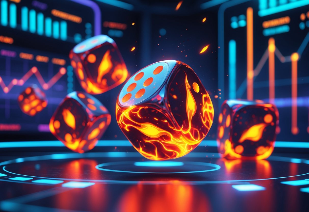 Ilustrasi dadu menyala dengan api di dalamnya sedang menggelinding di udara, dikelilingi oleh elemen digital dan grafik yang menunjukkan statistik permainan.
