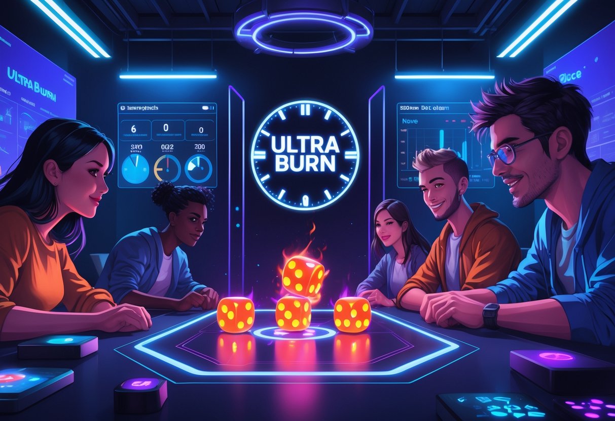 Adegan malam hari di ruang permainan modern dengan meja dadu digital bercahaya dan pemain yang fokus bermain.