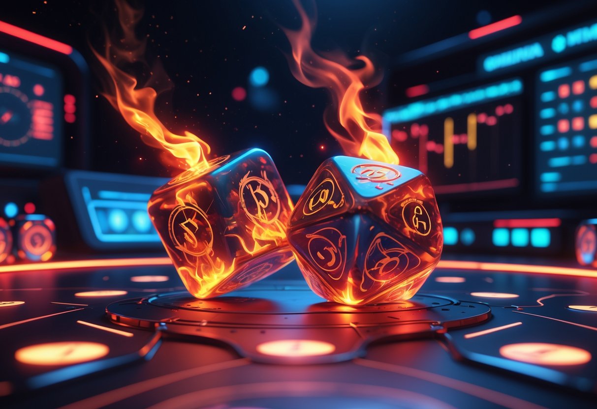 Ilustrasi dadu menyala dengan efek api di lingkungan permainan malam hari dengan elemen jam dan grafik yang menunjukkan waktu bermain terbaik.