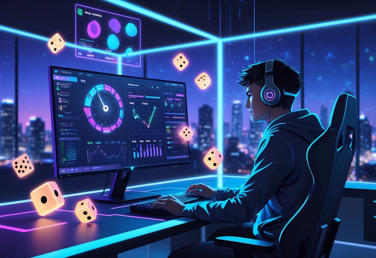 Seorang pemain game duduk di meja gaming dengan layar komputer besar di ruangan yang gelap dengan lampu biru dan ungu, dikelilingi oleh elemen holografik yang menggambarkan pola permainan dan waktu terbaik untuk bermain.