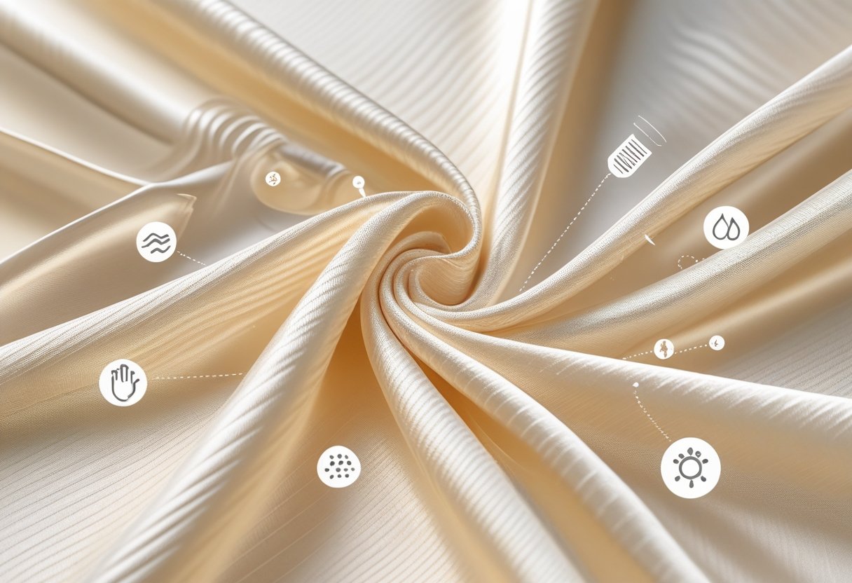 Close-up illustration of silk twill fabric showing its diagonal weave and smooth, shiny texture with icons representing softness, durability, sheen, and breathability around it.