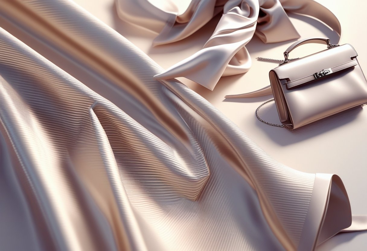 Close-up of shiny silk twill fabric with diagonal weave pattern, surrounded by silk necktie, blouse, scarf, and handbag.