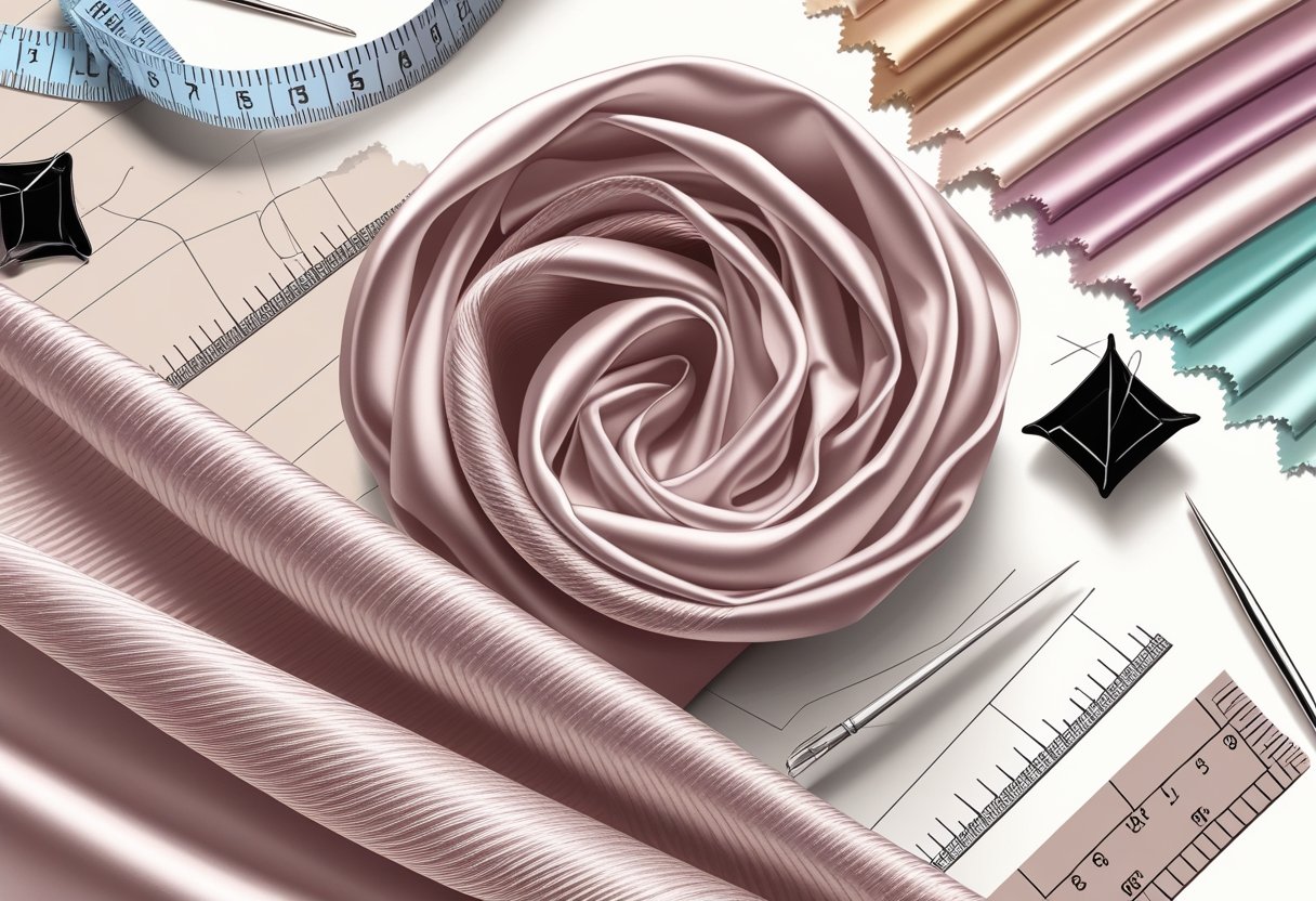 Close-up of luxurious silk twill fabric with diagonal weave pattern, surrounded by sewing tools and fashion design sketches on a clean workspace.
