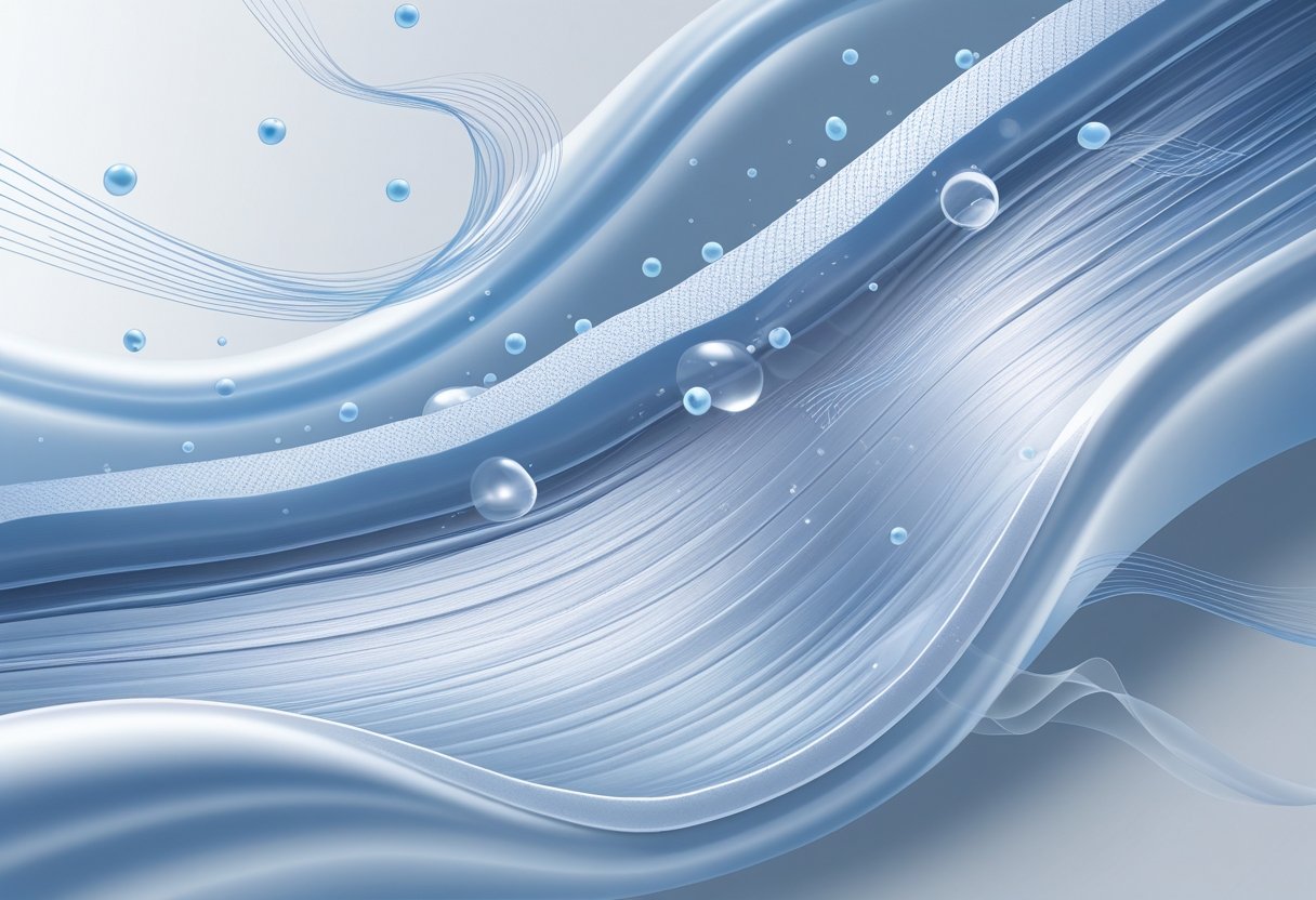 Close-up cross-section of silk fibers with air molecules passing through, illustrating how silk allows breathability.