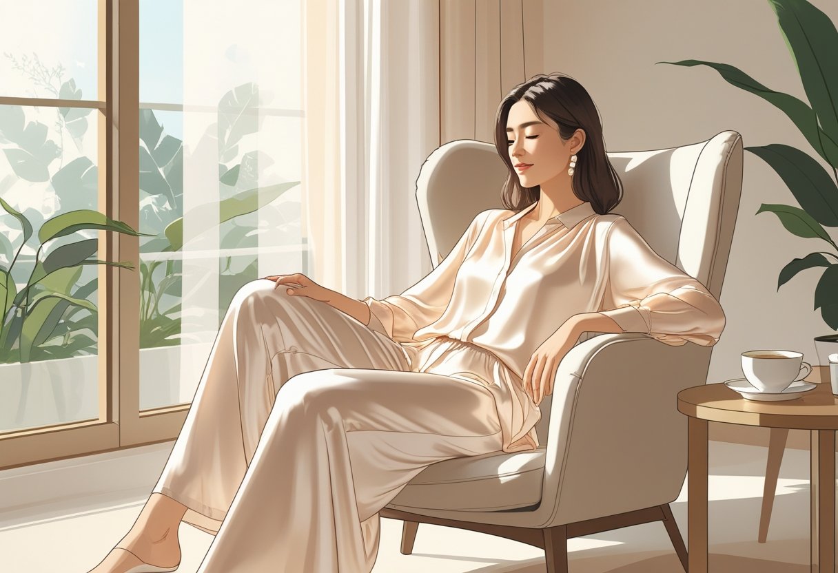 A person sitting comfortably in a chair wearing smooth, flowing silk clothing near a window with natural light and a small plant on a table.