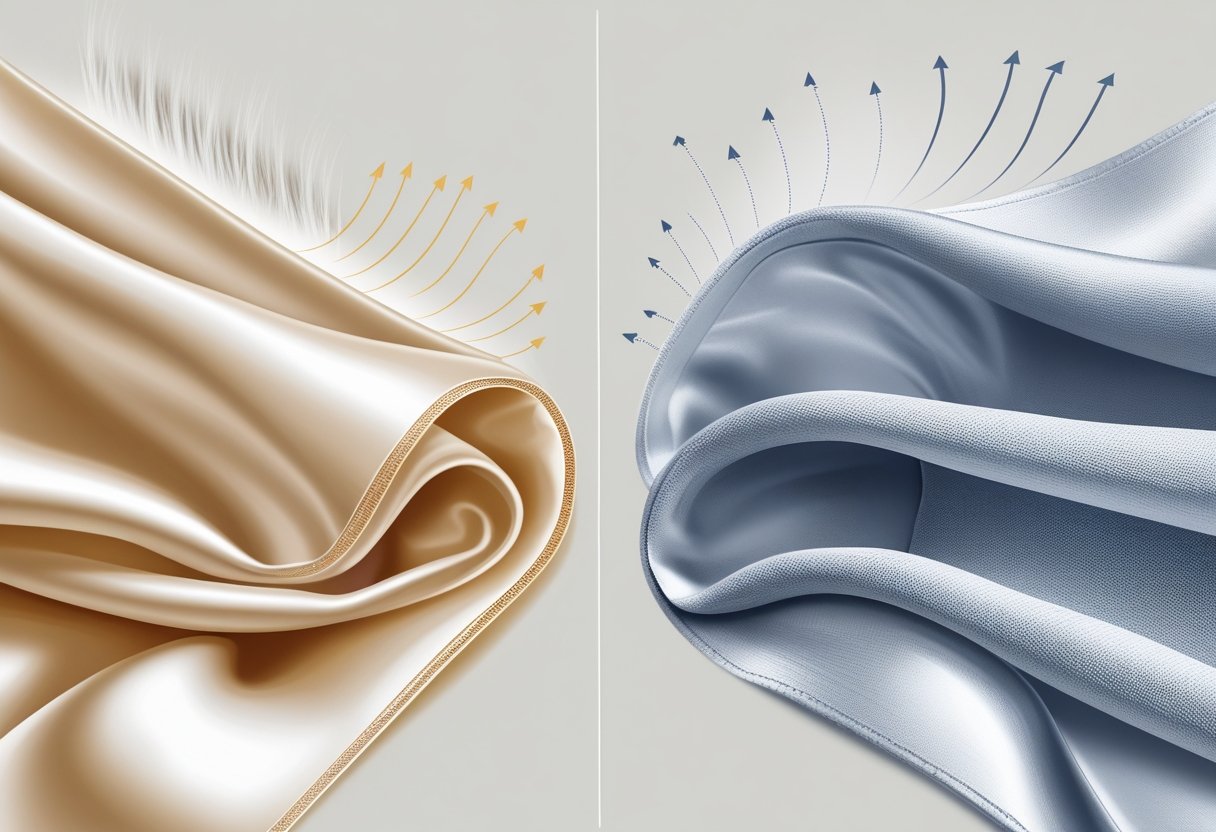 Side-by-side illustration of silk and synthetic fabrics showing airflow passing easily through the silk and less through the synthetic fabric.