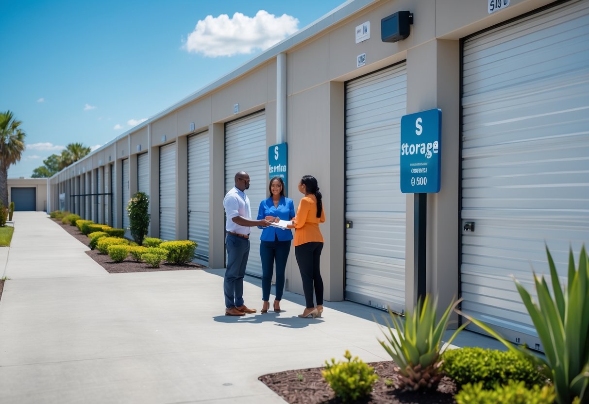 A couple talking with a storage facility manager outside a clean self-storage building with multiple storage units and security features.