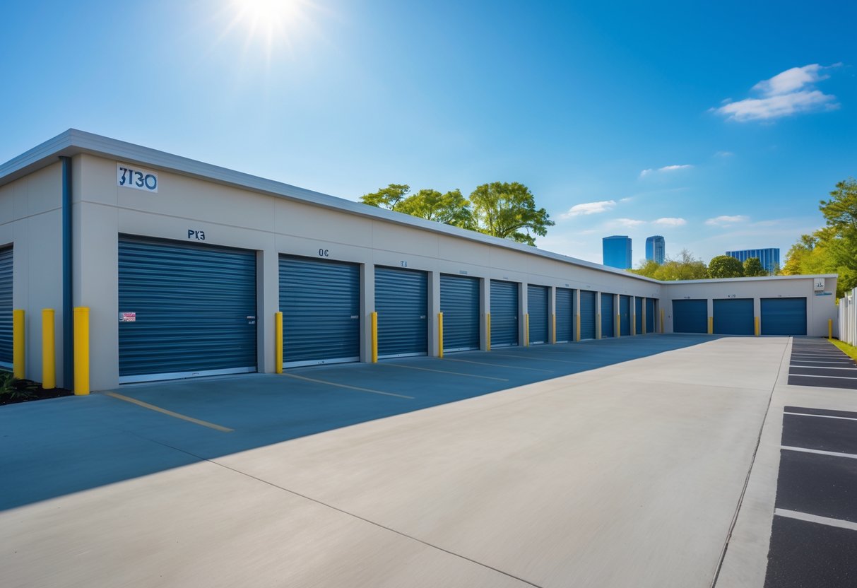 A clean and secure self-storage facility with rows of storage units and a clear driveway under a blue sky.