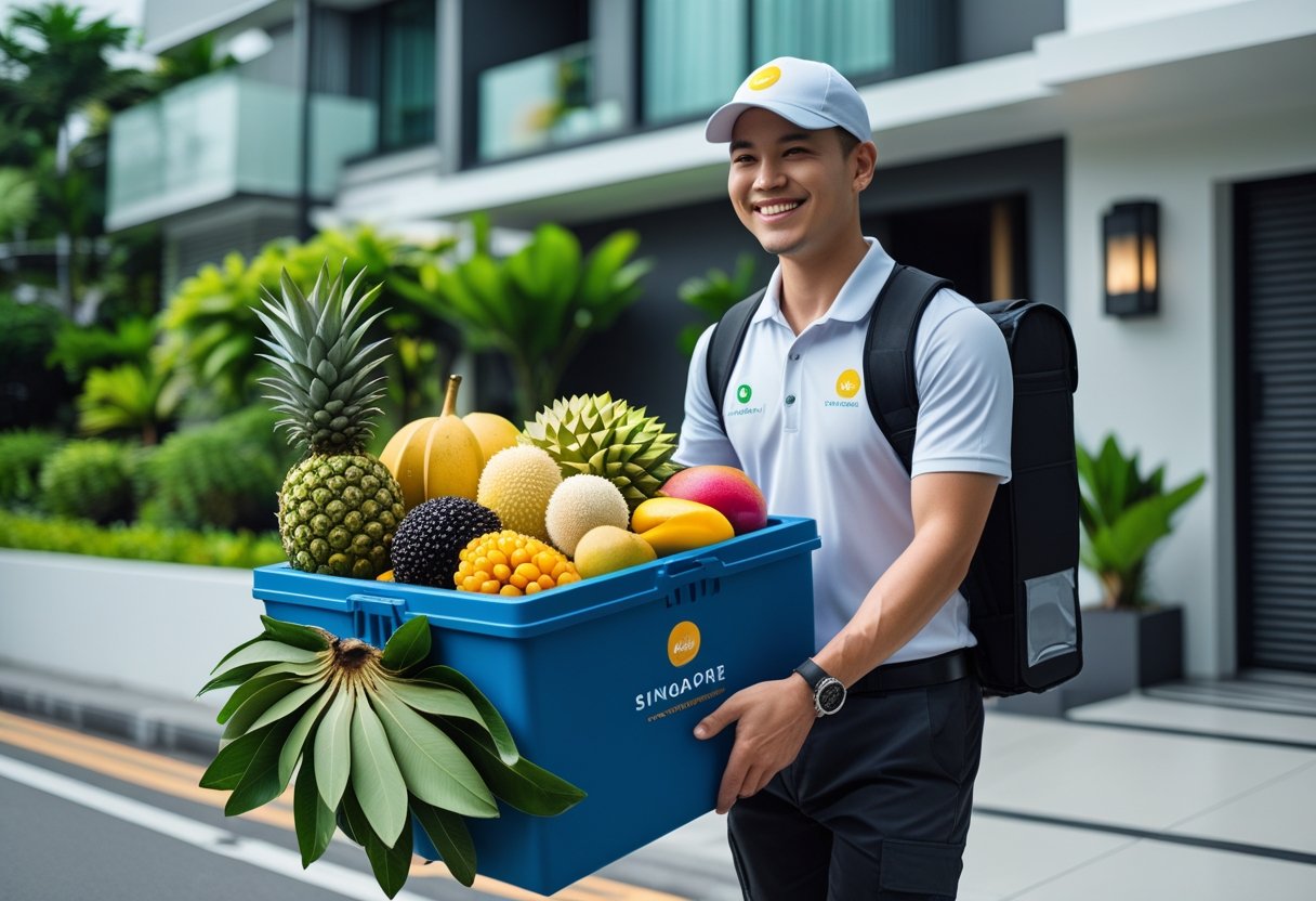 A delivery person handing a box of fresh tropical fruits to a customer outside a home in a modern Singapore neighborhood.