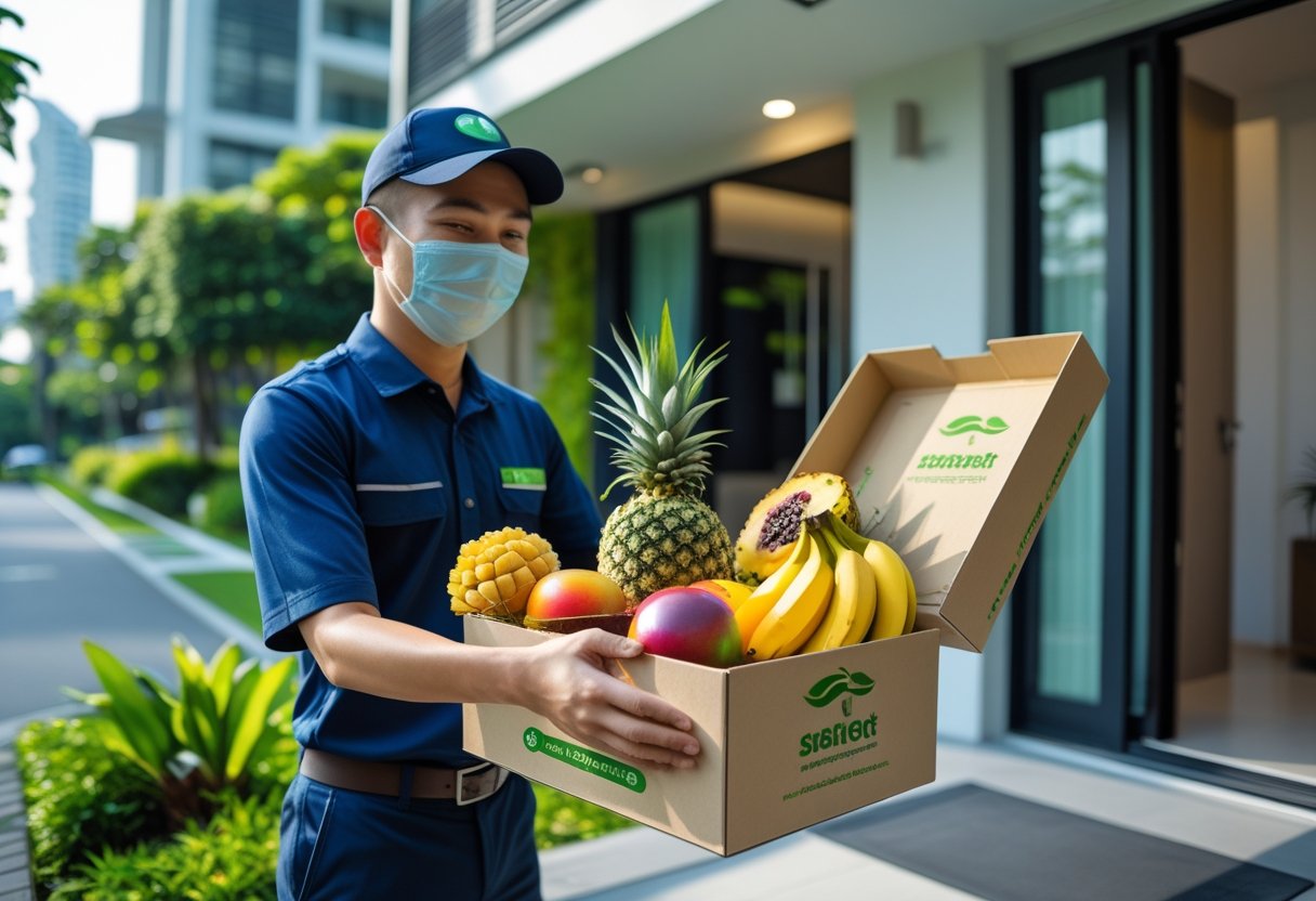 A delivery person hands a box of fresh tropical fruits to a customer at the doorstep of a modern apartment in Singapore.