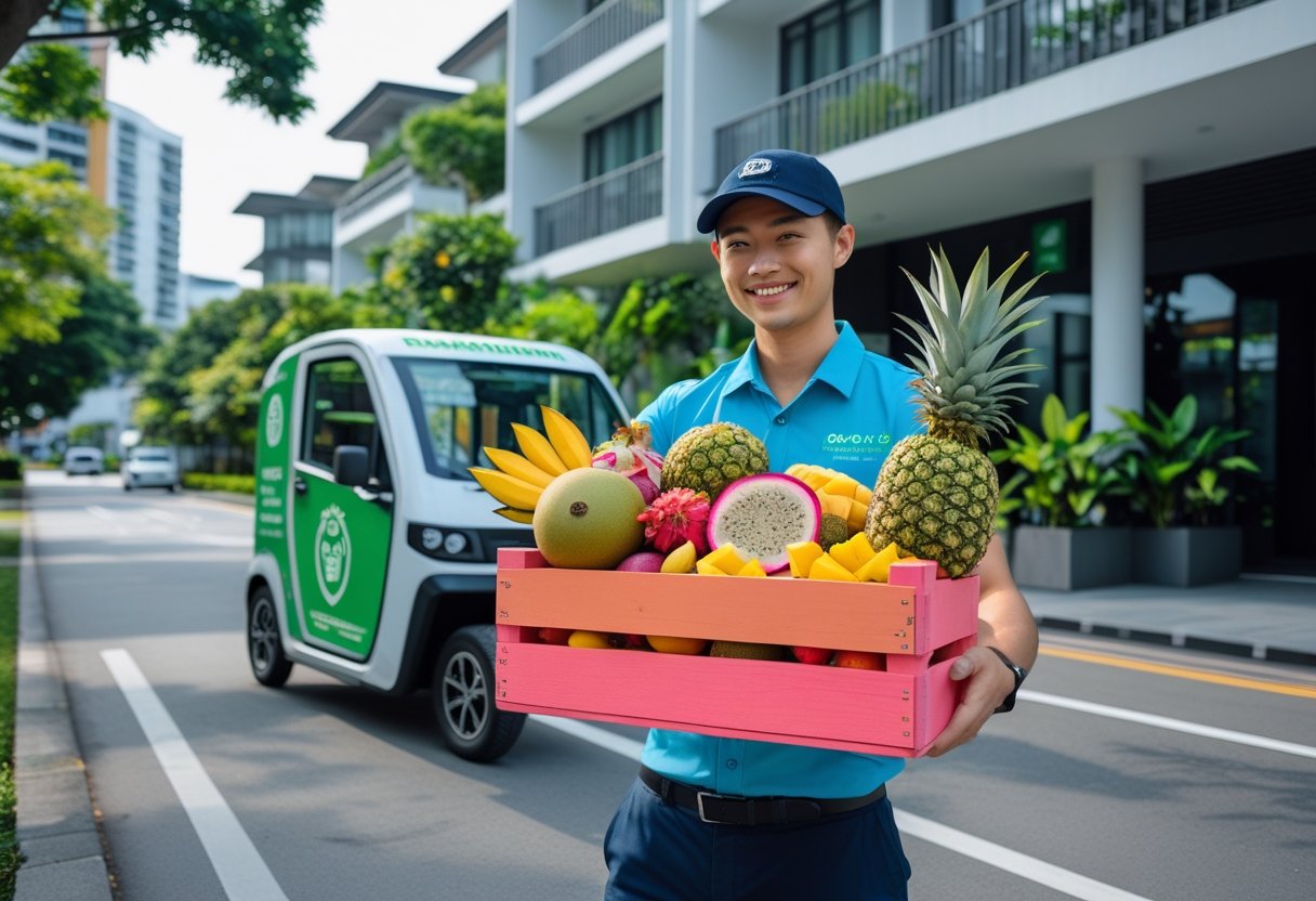 A delivery person handing over a wooden crate filled with fresh tropical fruits in a modern Singapore neighborhood.