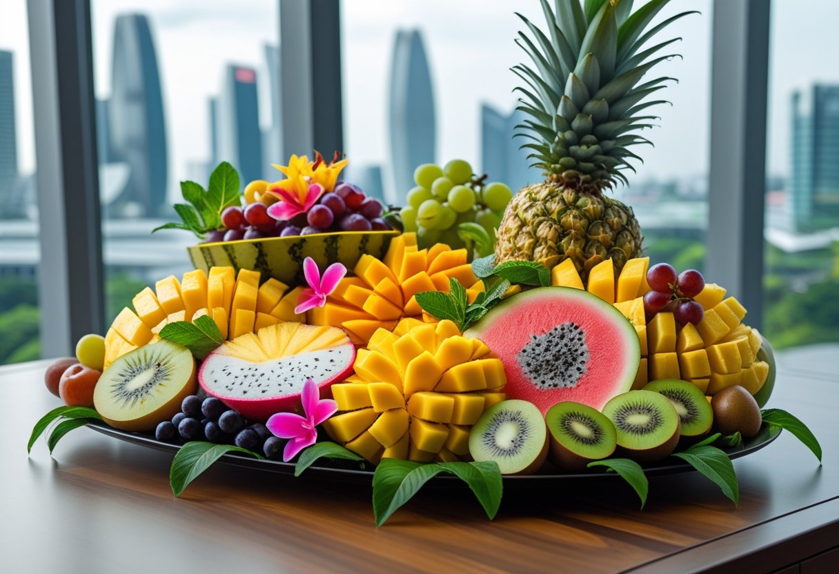 A colorful fruit platter with sliced tropical fruits arranged on a wooden table near a window showing a cityscape.