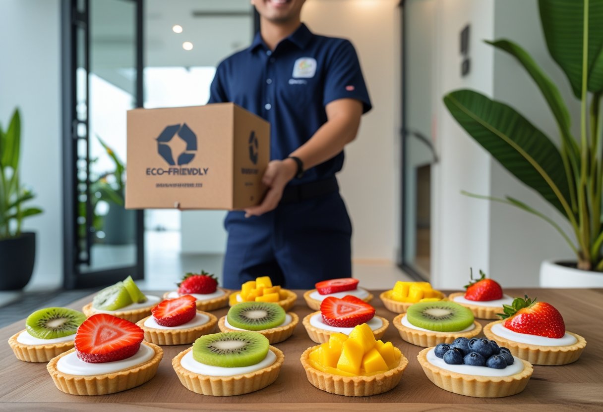 A delivery person handing over a box of fresh fruit tarts to a customer at an apartment entrance, with colorful fruit tarts displayed on a wooden table.