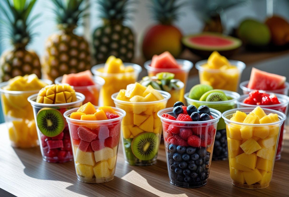 Several transparent cups filled with a variety of fresh tropical fruits arranged on a wooden table.