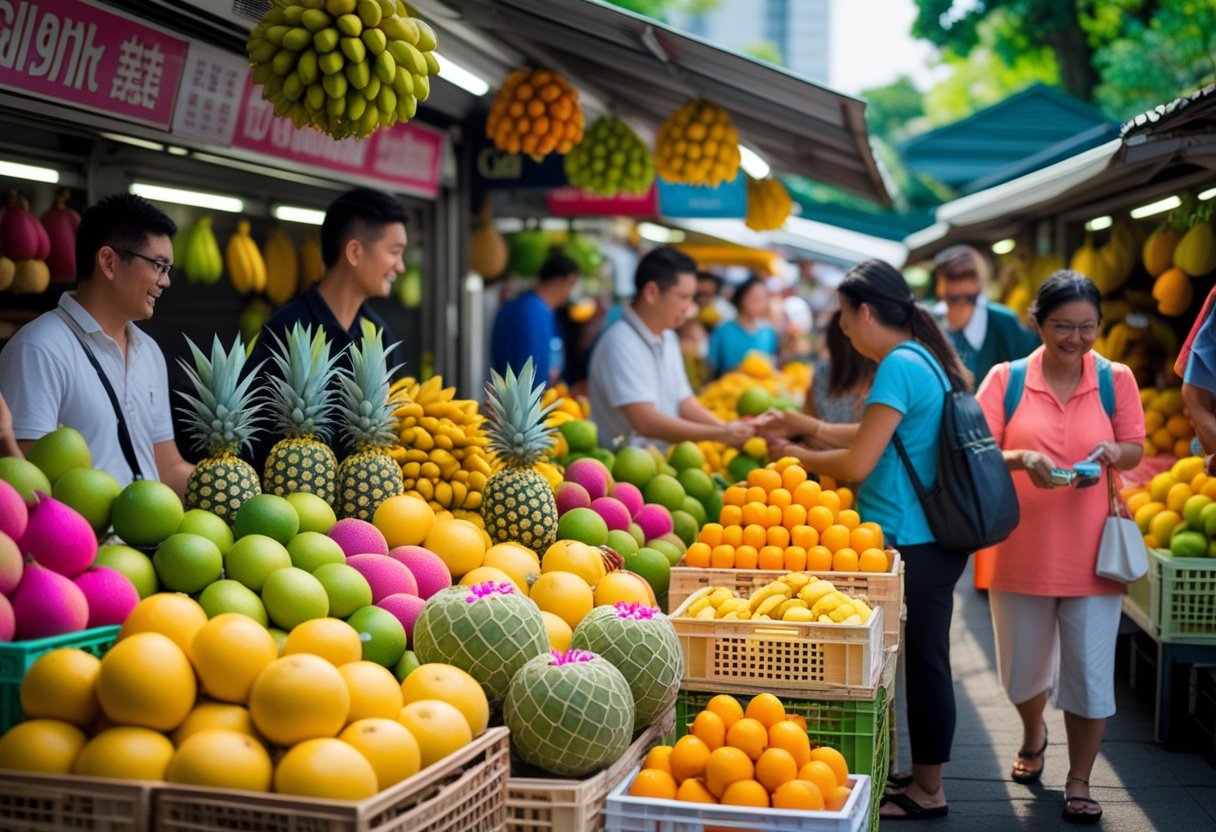 A busy market scene in Singapore with stalls displaying a variety of fresh tropical fruits and people shopping.