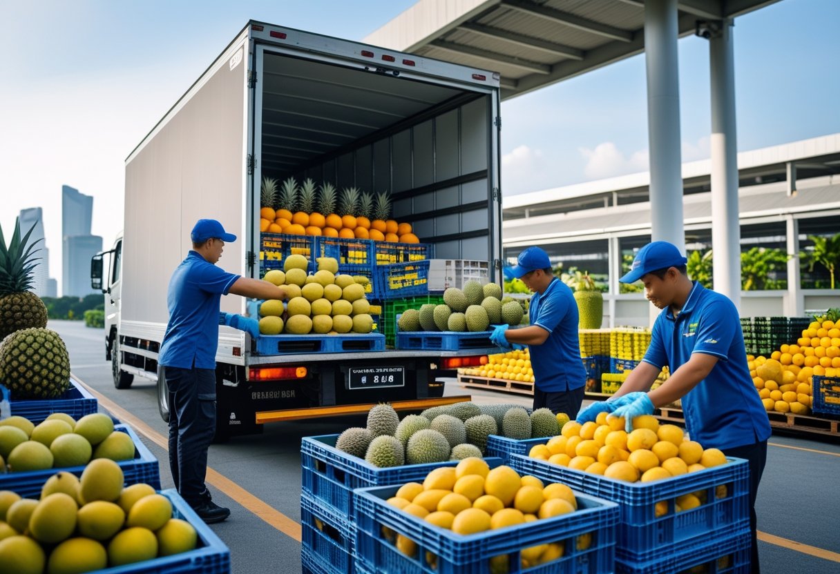 Workers loading crates of tropical fruits into a delivery truck outside a warehouse with Singapore cityscape in the background.