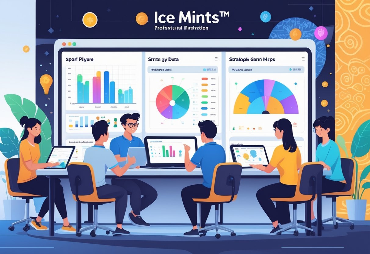 Beberapa orang sedang bekerja sama di meja digital dengan grafik dan peta strategi permainan, di ruang kerja yang terang dan rapi dengan elemen budaya Asia Tenggara.