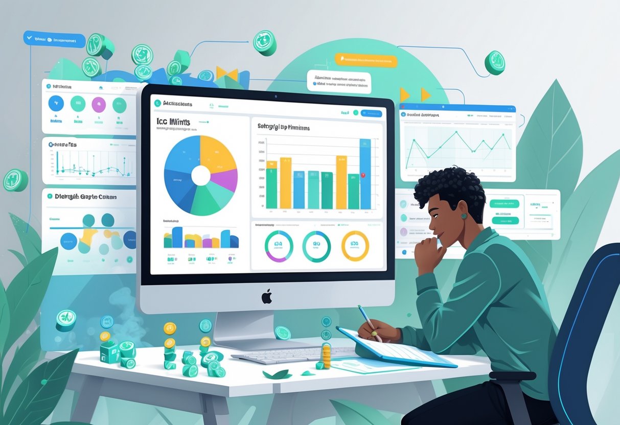 Seorang pemain sedang menganalisis data permainan Ice Mints™ di depan komputer dengan grafik dan elemen permainan di sekitar meja kerja.