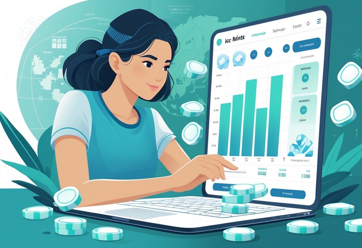 Seorang pemain fokus menganalisis data dan strategi permainan Ice Mints™ dengan antarmuka digital dan simbol permainan di latar belakang.