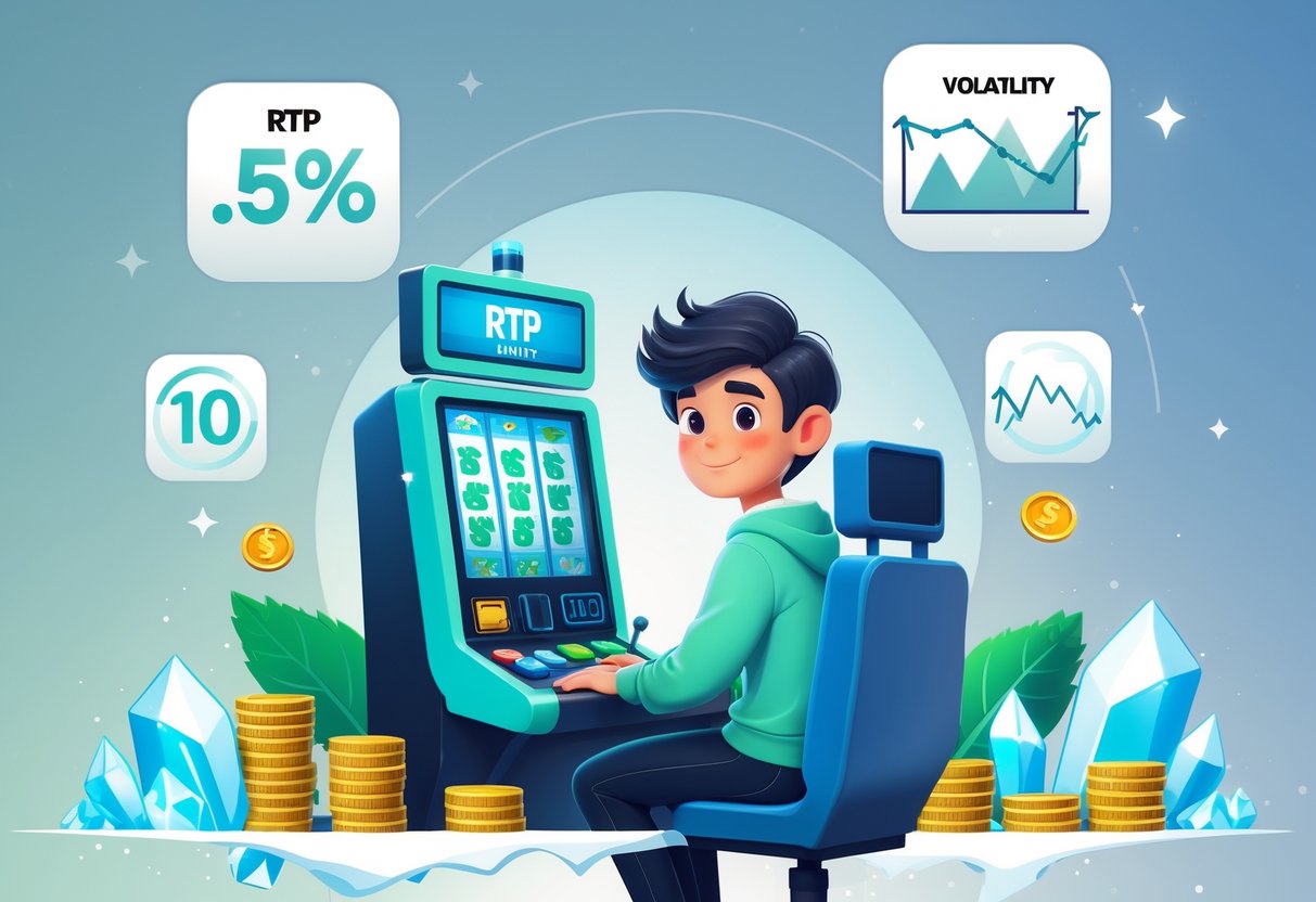 Seorang pemain muda duduk di depan mesin permainan bertema es dan mint, dengan ikon persentase dan grafik gelombang mengambang di sekitarnya yang melambangkan RTP dan volatilitas.