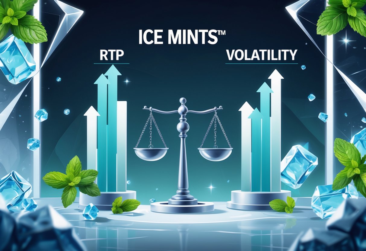 Ilustrasi profesional yang menampilkan konsep dasar RTP dan volatilitas pada permainan Ice Mints, dengan latar belakang kasino dan elemen es serta daun mint.