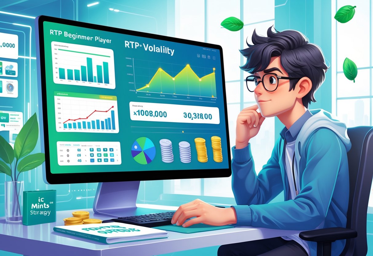 Seorang pemain pemula sedang duduk di depan komputer yang menampilkan grafik dan data tentang RTP dan volatilitas permainan Ice Mints™, dengan ekspresi fokus di ruang belajar yang terang dan rapi.