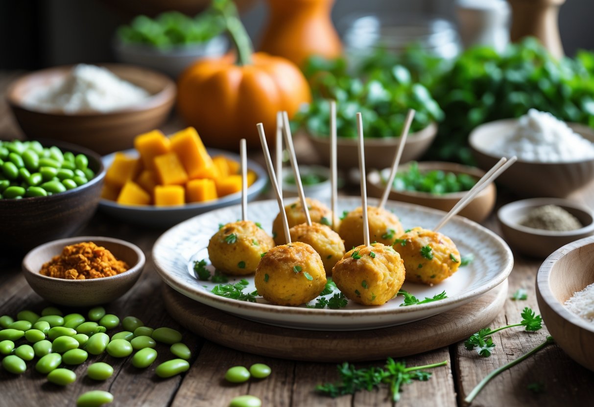 A wooden table with fresh edamame, pumpkin pieces, herbs, spices, and golden fritter pops on sticks arranged on a plate.