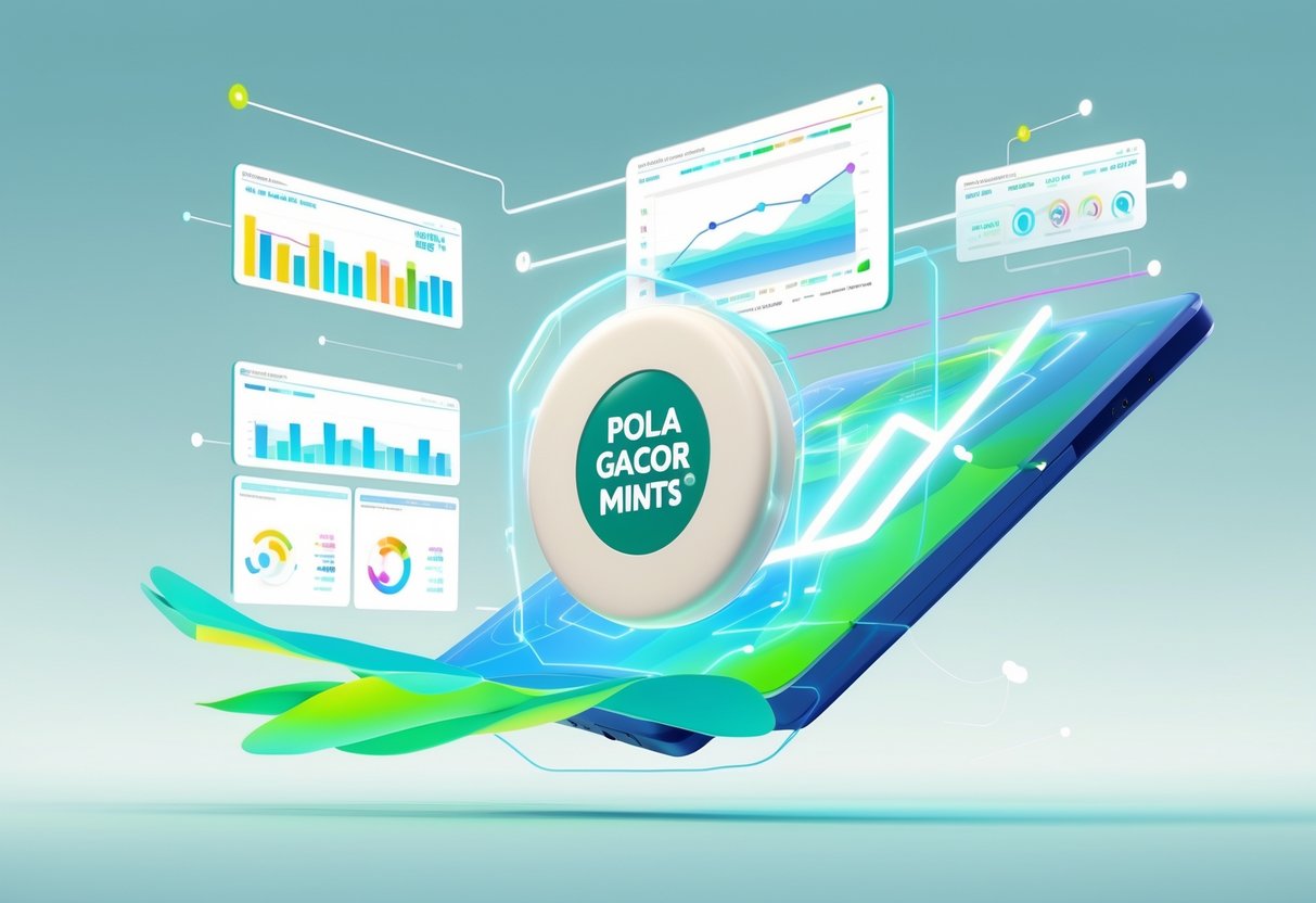 Ilustrasi profesional menampilkan dashboard data modern dengan grafik dan statistik tentang Ice Mints, dikelilingi oleh garis dan aliran data berwarna cerah.