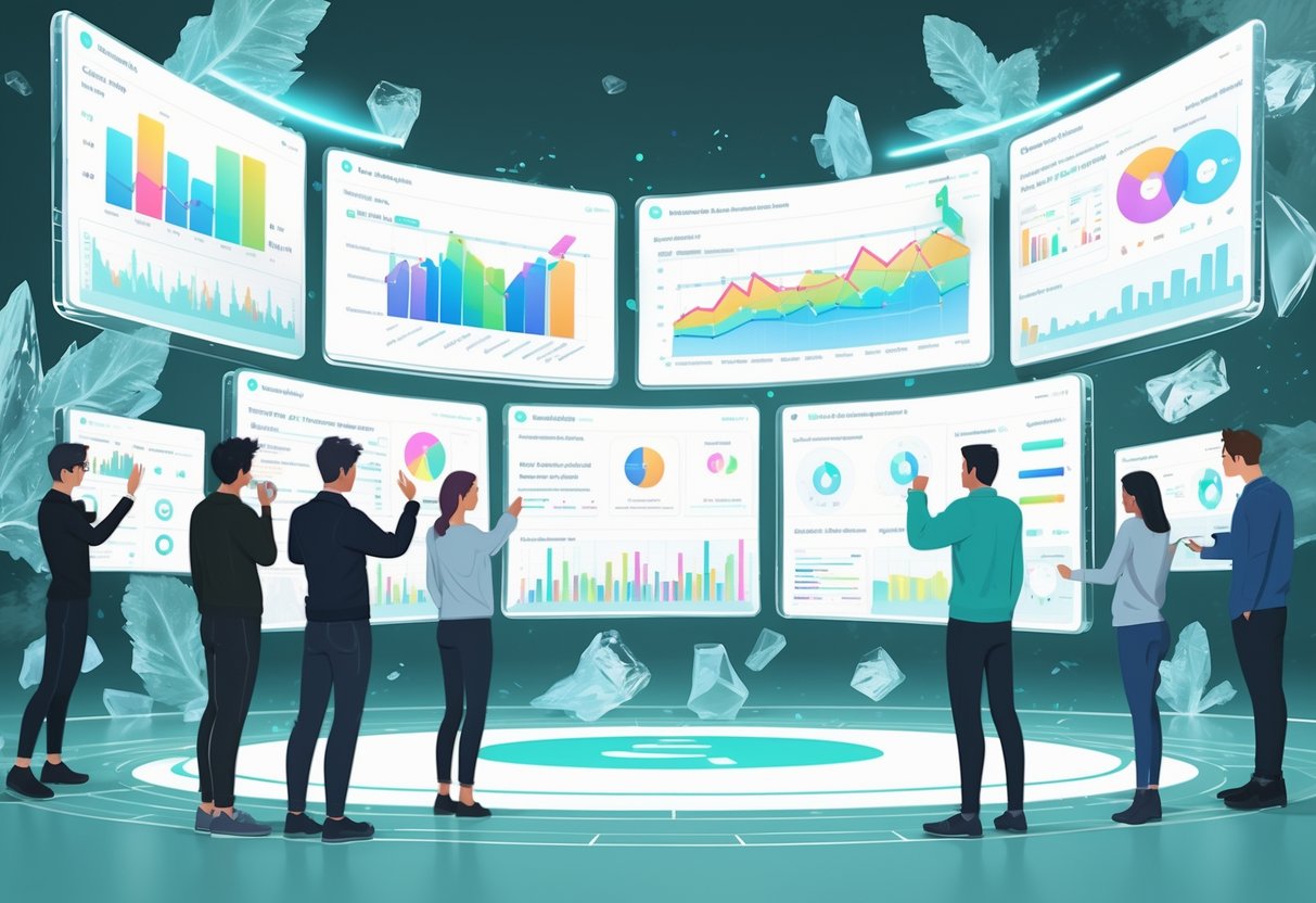 Ilustrasi profesional menampilkan dashboard analisis data dengan grafik dan statistik tentang pola permainan Ice Mints™, dikelilingi oleh pola abstrak es dan daun mint, serta beberapa orang yang sedang berinteraksi dengan data.