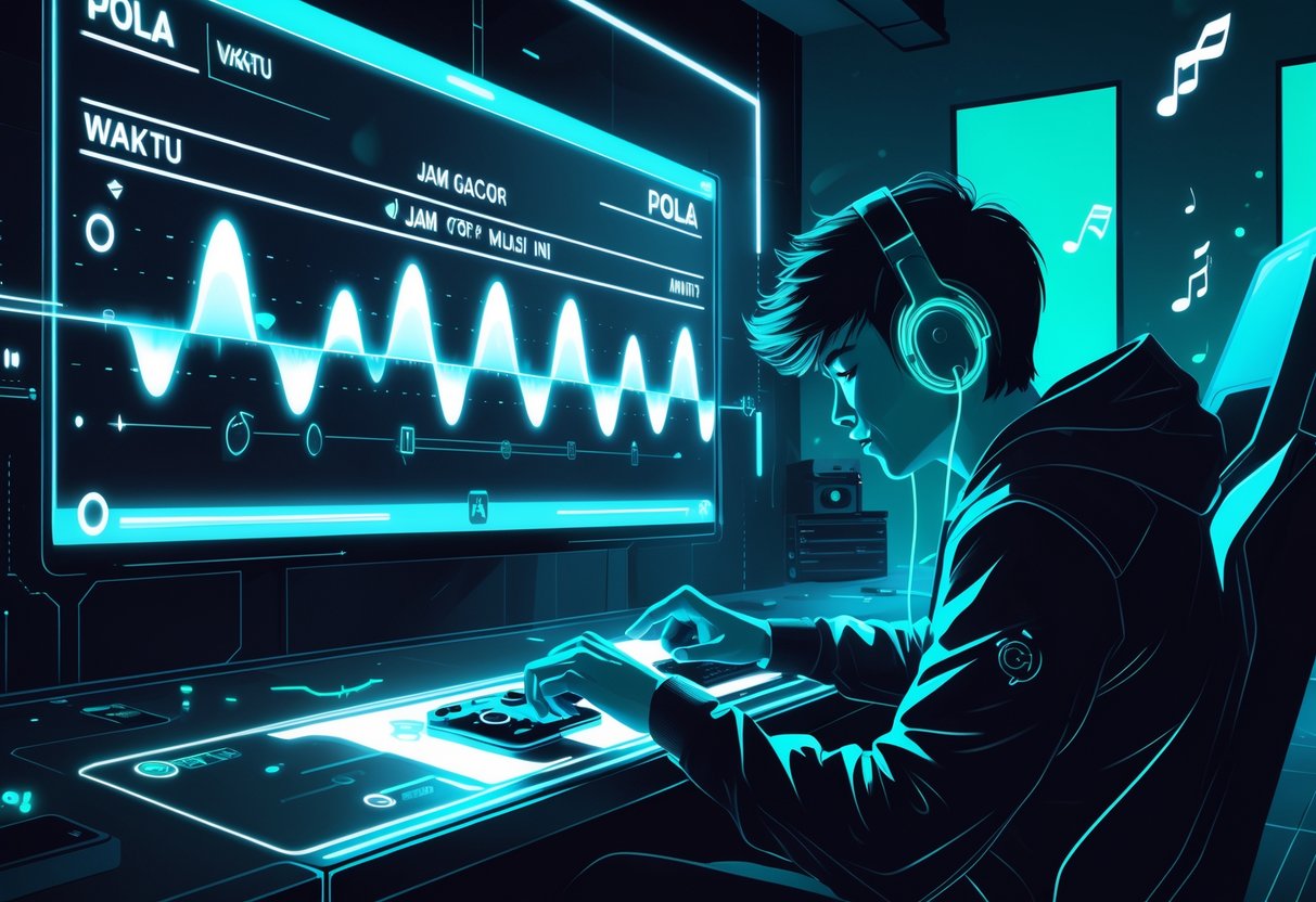 Seorang pemain game sedang fokus bermain di depan layar dengan pola dan lampu berwarna biru dan hijau di ruangan gelap.