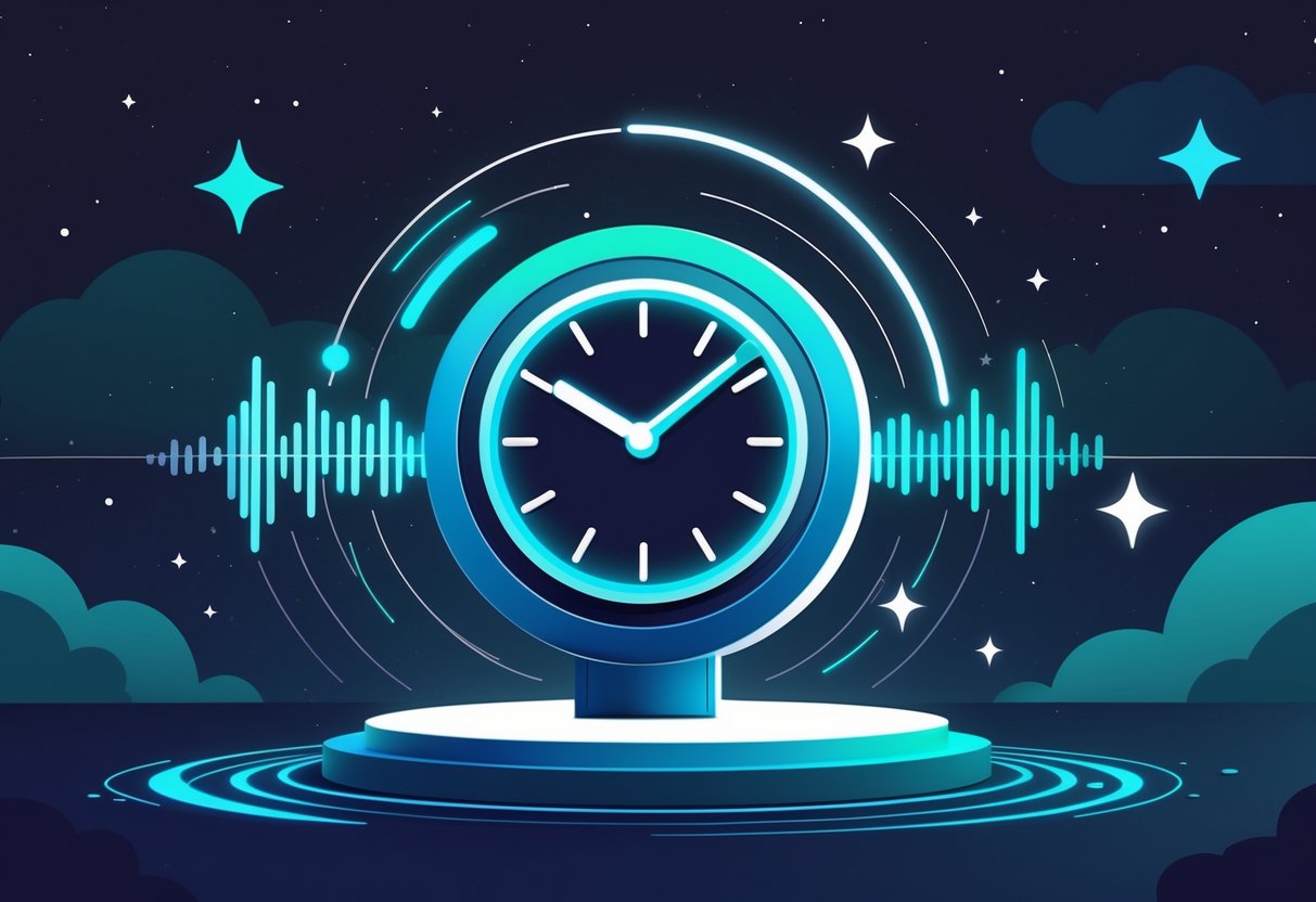 Ilustrasi jam modern dengan aksen warna biru dan mint di malam hari, dikelilingi pola gelombang suara yang halus.