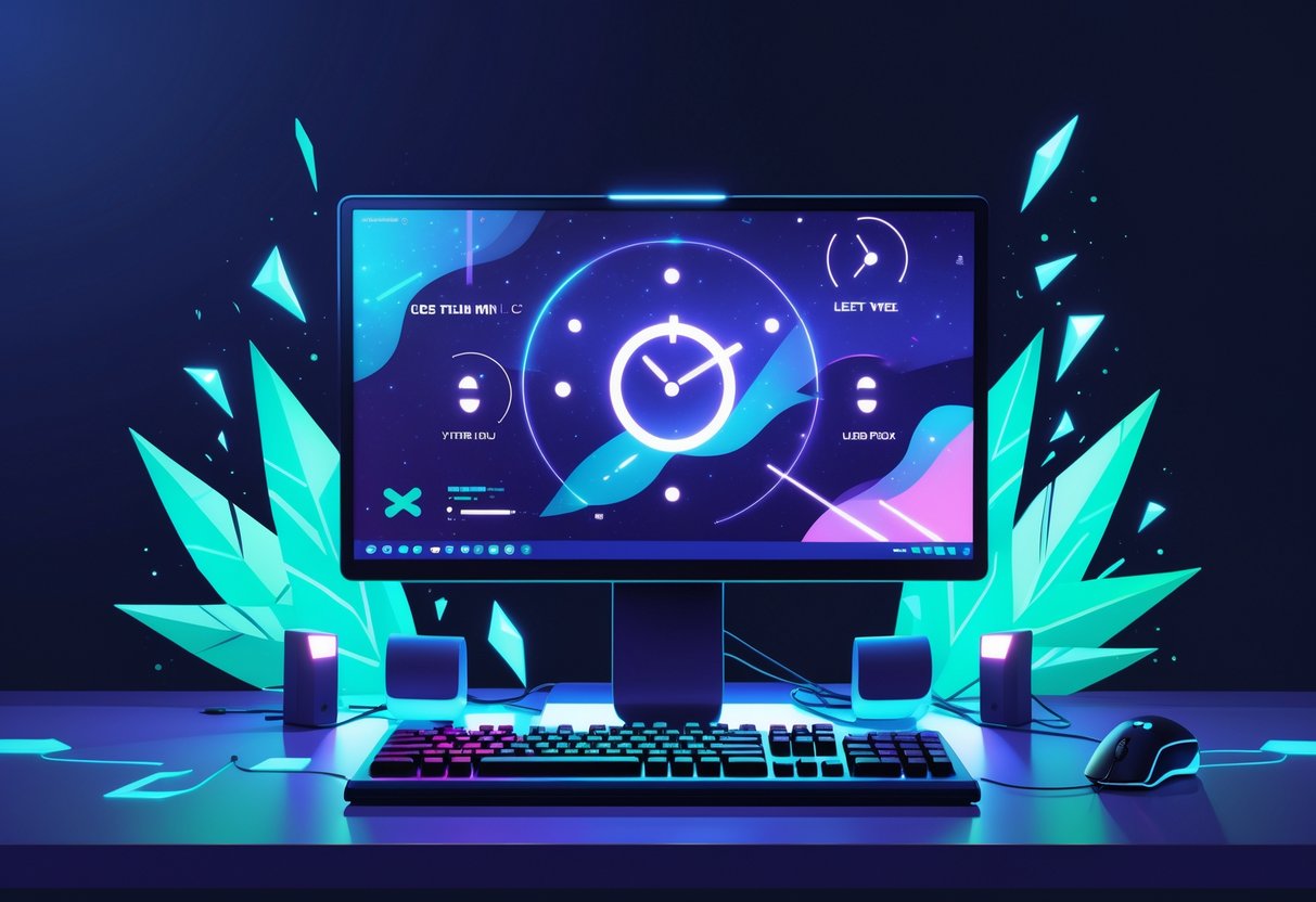 Adegan malam hari dengan setup permainan komputer yang menampilkan pola dan jam sebagai simbol waktu terbaik bermain, dengan elemen es dan daun mint di latar belakang.